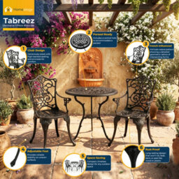 Homeology Tabreez Black Outdoor Garden Patio Table And 2 Large Chairs With Armrests Cast Aluminium Bistro Set - thumbnail 4