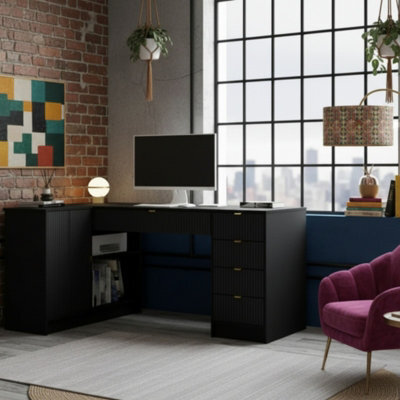 Tireno White Velvet Corner Desk With Fluted Drawers Modern Computer Desk For Home Office Study Bedroom And Teen Room - image 1
