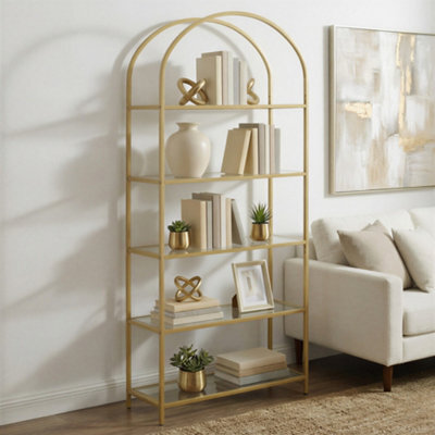 Ledrem 5-Tier Storage Rack, Glass Display Shelf, Bookcase With Steel Frame And Arch Design, White And Gold - image 1