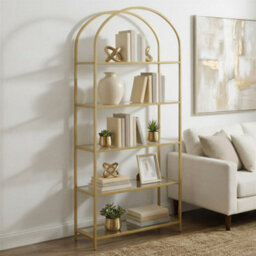 Ledrem 5-Tier Storage Rack, Glass Display Shelf, Bookcase With Steel Frame And Arch Design, White And Gold