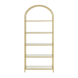 Ledrem 5-Tier Storage Rack, Glass Display Shelf, Bookcase With Steel Frame And Arch Design, White And Gold - thumbnail 2