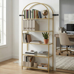 Ledrem 5-Tier Storage Rack, Glass Display Shelf, Bookcase With Steel Frame And Arch Design, White And Gold - thumbnail 5