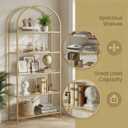 Ledrem 5-Tier Storage Rack, Glass Display Shelf, Bookcase With Steel Frame And Arch Design, White And Gold - thumbnail 6