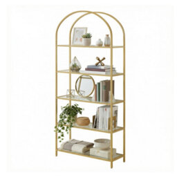 Ledrem 5-Tier Storage Rack, Glass Display Shelf, Bookcase With Steel Frame And Arch Design, White And Gold - thumbnail 3