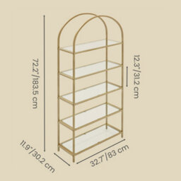 Ledrem 5-Tier Storage Rack, Glass Display Shelf, Bookcase With Steel Frame And Arch Design, White And Gold - thumbnail 4