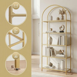Ledrem 5-Tier Storage Rack, Glass Display Shelf, Bookcase With Steel Frame And Arch Design, White And Gold - thumbnail 7