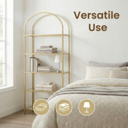 Ledrem 5-Tier Storage Rack, Glass Display Shelf, Bookcase With Steel Frame And Arch Design, White And Gold - thumbnail 8
