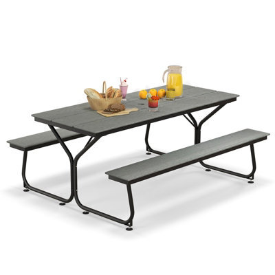 Costway Outdoor Dining Table & 2 Benches Picnic Table Bench Set W/ Umbrella Hole - image 1