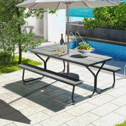 Costway Outdoor Dining Table & 2 Benches Picnic Table Bench Set W/ Umbrella Hole - thumbnail 3