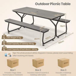 Costway Outdoor Dining Table & 2 Benches Picnic Table Bench Set W/ Umbrella Hole - thumbnail 2