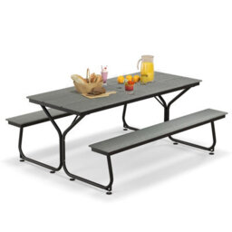 Costway Outdoor Dining Table & 2 Benches Picnic Table Bench Set W/ Umbrella Hole - thumbnail 1