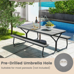 Costway Outdoor Dining Table & 2 Benches Picnic Table Bench Set W/ Umbrella Hole - thumbnail 5