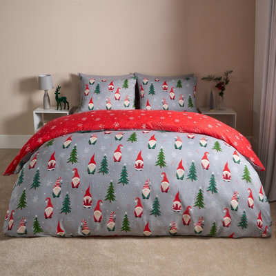 OHS Christmas Gonk Duvet Cover Pillowcase Reversible Bedding Set, Grey - Double