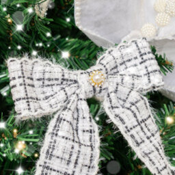 Melody Maison Set Of 4 Black & White Tartan Boucle Jewelled Christmas Bow Decorations - thumbnail 2
