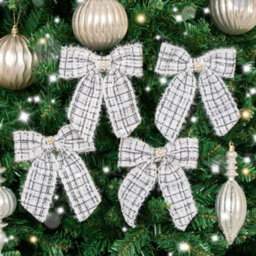 Melody Maison Set Of 4 Black & White Tartan Boucle Jewelled Christmas Bow Decorations - thumbnail 1