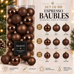 Decoris 60 Espresso Brown Baubles Shatterproof Christmas Tree Hanging Decoration - thumbnail 4