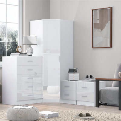 Reflect 1 Door Corner Wardrobe, 5 Drawer Chest, 2X 2 Drawer Bedsides - White Gloss & Matt White - Bedroom Furniture Set - image 1