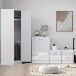 Reflect 1 Door Corner Wardrobe, 5 Drawer Chest, 2X 2 Drawer Bedsides - White Gloss & Matt White - Bedroom Furniture Set - thumbnail 4