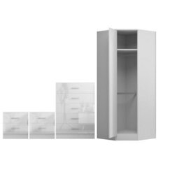 Reflect 1 Door Corner Wardrobe, 5 Drawer Chest, 2X 2 Drawer Bedsides - White Gloss & Matt White - Bedroom Furniture Set - thumbnail 7