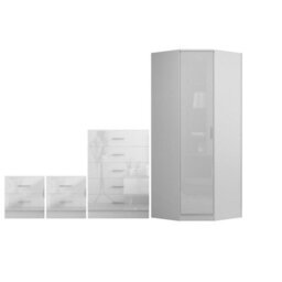 Reflect 1 Door Corner Wardrobe, 5 Drawer Chest, 2X 2 Drawer Bedsides - White Gloss & Matt White - Bedroom Furniture Set - thumbnail 5