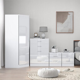 Reflect 1 Door Corner Wardrobe, 5 Drawer Chest, 2X 2 Drawer Bedsides - White Gloss & Matt White - Bedroom Furniture Set - thumbnail 3