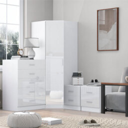 Reflect 1 Door Corner Wardrobe, 5 Drawer Chest, 2X 2 Drawer Bedsides - White Gloss & Matt White - Bedroom Furniture Set