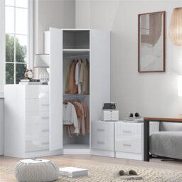 Reflect 1 Door Corner Wardrobe, 5 Drawer Chest, 2X 2 Drawer Bedsides - White Gloss & Matt White - Bedroom Furniture Set - thumbnail 2