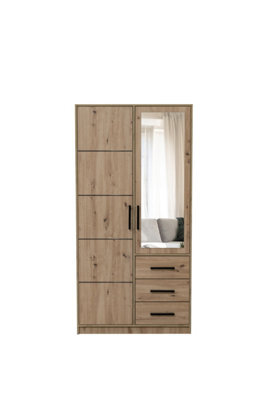 Arte Kos D2 Oak Artisan & Mirror 2 Door Wardrobe - Compact Modern Storage With Drawers, Shelves & Hanging Rail - image 1