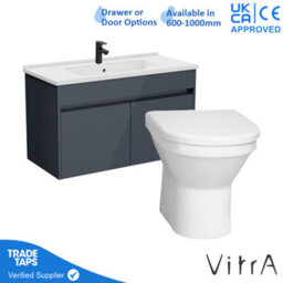Vitra 1000mm Wall Hung Bathroom Vanity Unit With 2 Doors Includes Basin, Black Tap And Back To Wall Toilet - Grey Gloss - thumbnail 1