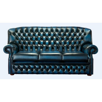 Chesterfield 3 Seater Antique Blue Leather Sofa Bespoke In Monks Style - image 1