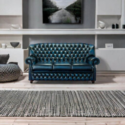 Chesterfield 3 Seater Antique Blue Leather Sofa Bespoke In Monks Style - thumbnail 2
