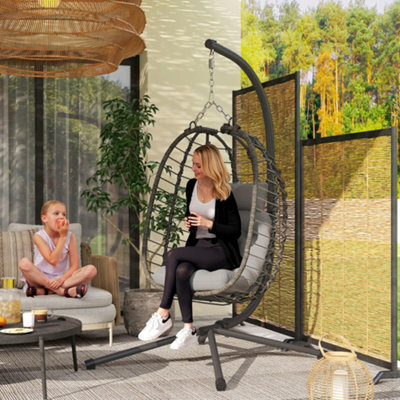 Outsunny Rattan Hanging Egg Chair W/ Stand, Cushion, Headrest, Light Grey