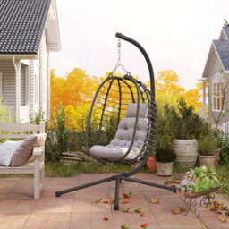 Outsunny Rattan Hanging Egg Chair W/ Stand, Cushion, Headrest, Light Grey - thumbnail 8