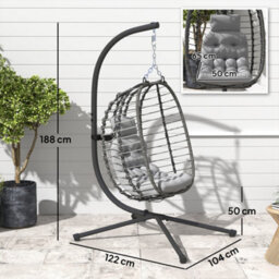 Outsunny Rattan Hanging Egg Chair W/ Stand, Cushion, Headrest, Light Grey - thumbnail 3
