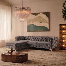 Monaco Chesterfield 3 Seater Chaise Sofa Grey Velvet L Shaped Corner Chaise- Left Hand Deep Buttoned Upholstery Couch Lounge - thumbnail 1