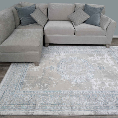 Loomed Blue Grey Traditional Medallion Bordered Living Area Rug 240X330Cm - image 1