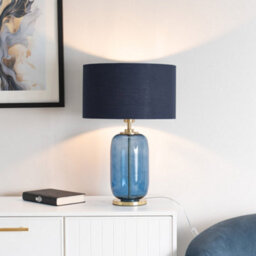 Valuelights Leigh Navy Blue Glass And Gold Detail Table Lamp With Drum Shade Light - Led Bulb Included