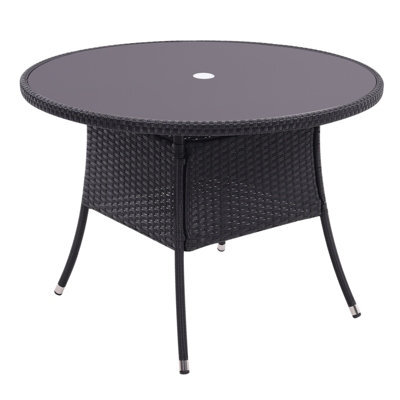 Living And Home Retro Round Garden Wicker Rattan Tempered Glass Top Outdoor Patio Dinging Table With Parasol Hole, Black 105 Cm - image 1