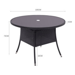 Living And Home Retro Round Garden Wicker Rattan Tempered Glass Top Outdoor Patio Dinging Table With Parasol Hole, Black 105 Cm - thumbnail 5