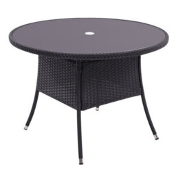 Living And Home Retro Round Garden Wicker Rattan Tempered Glass Top Outdoor Patio Dinging Table With Parasol Hole, Black 105 Cm - thumbnail 1