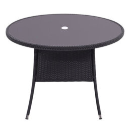 Living And Home Retro Round Garden Wicker Rattan Tempered Glass Top Outdoor Patio Dinging Table With Parasol Hole, Black 105 Cm - thumbnail 3