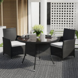 Living And Home Retro Round Garden Wicker Rattan Tempered Glass Top Outdoor Patio Dinging Table With Parasol Hole, Black 105 Cm - thumbnail 2