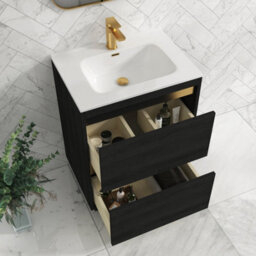 Royal Bathrooms Orion 600mm Floor Standing Bathroom Vanity Unit 2 Drawer Hale Black With Ceramic Basin & Brushed Brass Accent Trim - thumbnail 5