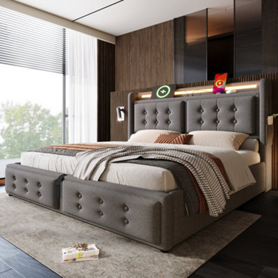 Double Linen Hydraulic Storage Bed With Led & Usb-C - image 1