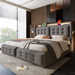 Double Linen Hydraulic Storage Bed With Led & Usb-C - thumbnail 1
