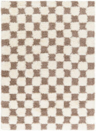 Livabliss Urban Shaggy-Modern Cream Brown Checkered Soft Plush Pile Living Bedroom Rug 80 X 220 Cm Easy Care, Non Shedding - thumbnail 1