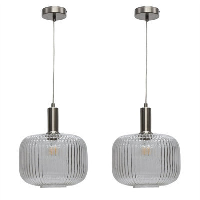 First Choice Lighting Set Of 2 Batley Large - Clear Ribbed Glass Satin Nickel Deco Pendants - image 1
