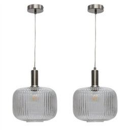 First Choice Lighting Set Of 2 Batley Large - Clear Ribbed Glass Satin Nickel Deco Pendants - thumbnail 1