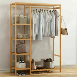 6 Tier Bamboo Garment Rack Storage Shelves Clothes Hanging - thumbnail 3