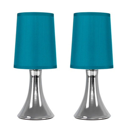 Valuelights Pair Of - Small Chrome Touch Table Lamps With Teal Fabric Shades With 5W Led Dimmable Candle Bulbs In Warm White - image 1